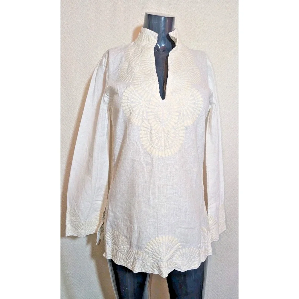 Tory Burch embroidered tory tunic Top long sleeve top Sz 4 Linen Boho Beach